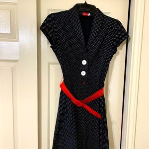 Ruby Rox junior size retro dotted dress. Red belt.